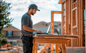 Builder working on a laptop onsite