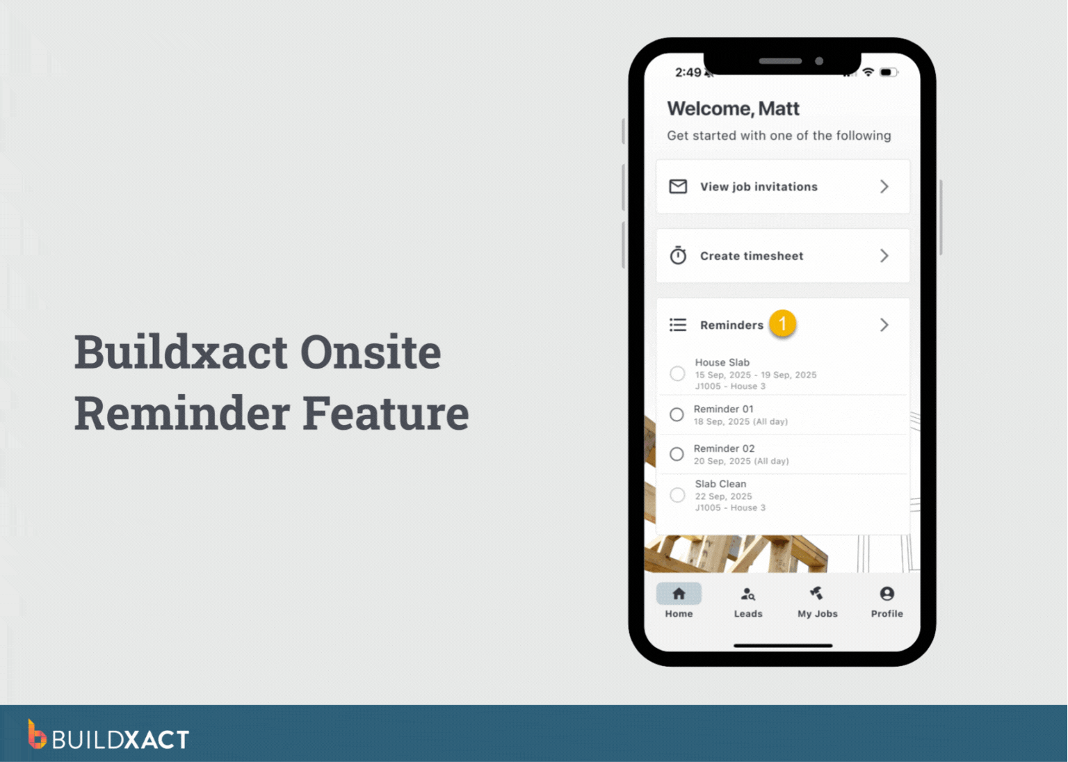 A GIF showing Onsite's UI for the reminders feature in the mobile app.