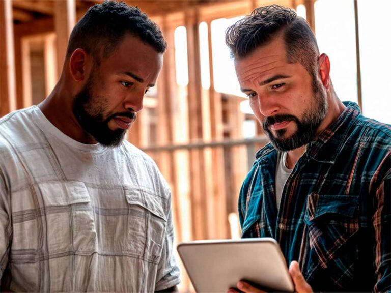 Two builders look at a mobile device while on the job site