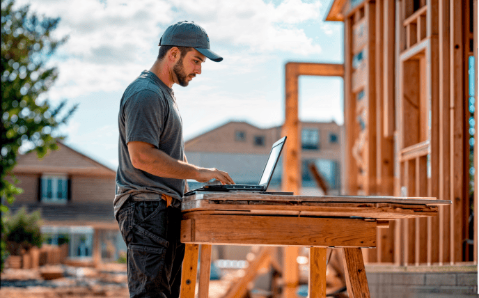 Builder working on a laptop onsite