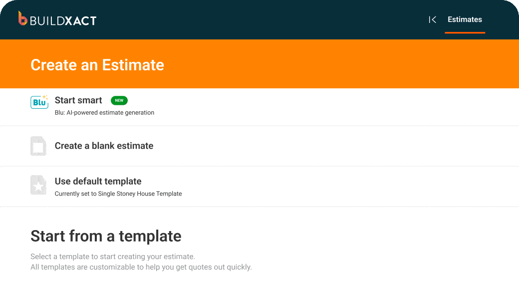 Blu Estimate Generator in the Buildxact platform