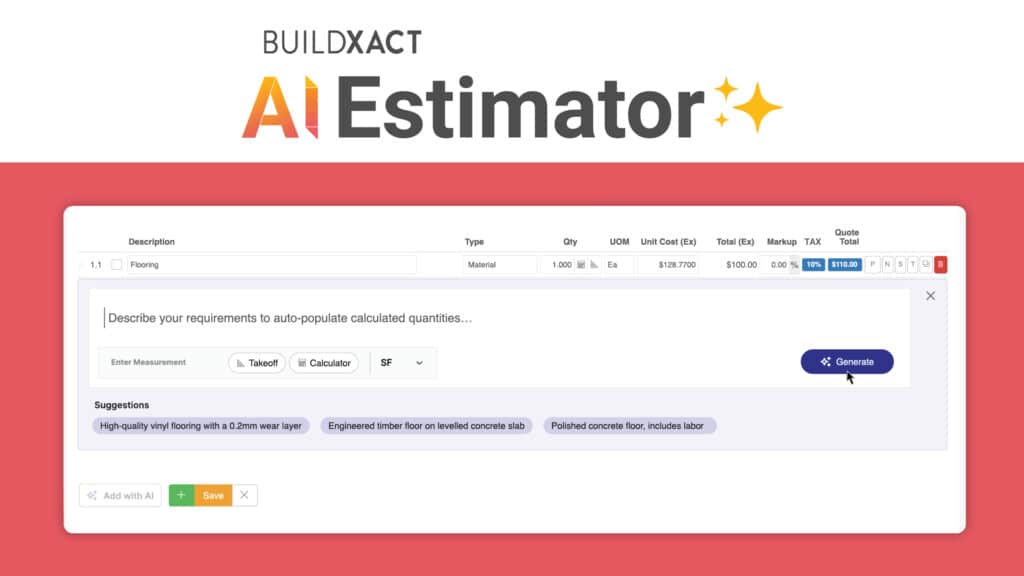 A screenshot of the AI Estimator tool from Buildxact