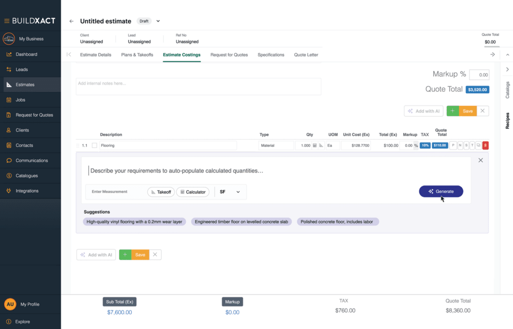 A screenshot of the Buildxact AI Estimator
