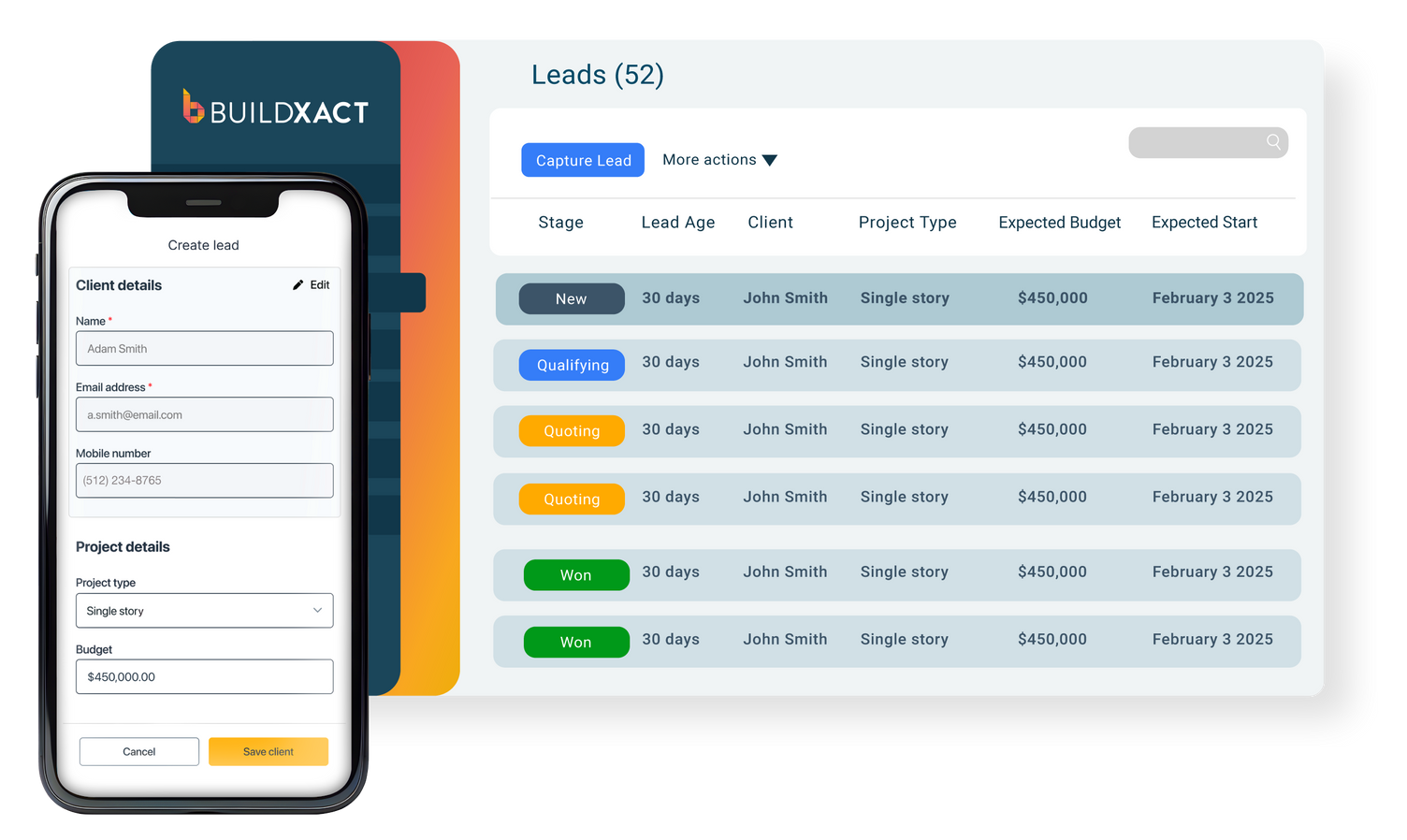 A conceptual image showing how Buildxact lead management works with a mobile app