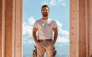 A smiling builder standing on a construction site.
