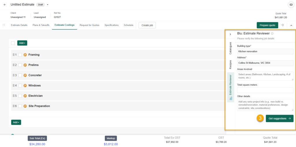 Blu Estimate Reviewer form on Buildxact onsite
