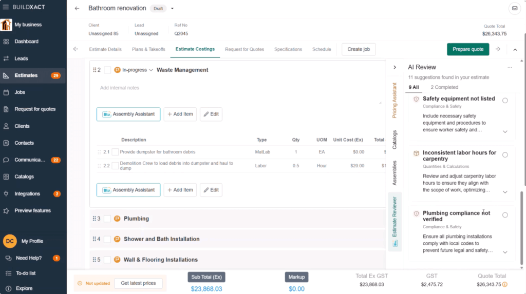 Buildxact software Estimate Costings tab