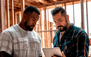 Builders on construction site looking at tablet