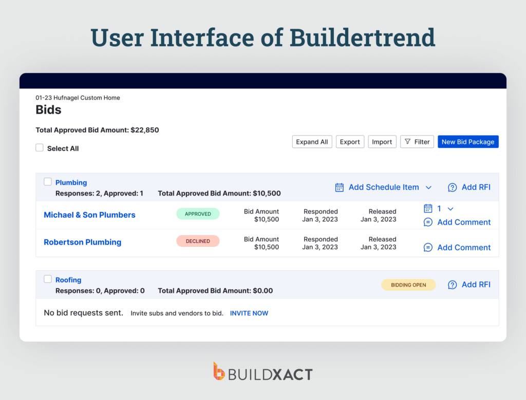 Screenshot showing the UI of Buildertrend