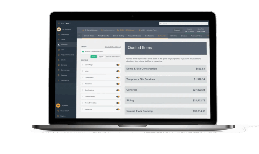 Quoted items in the Buildxact software
