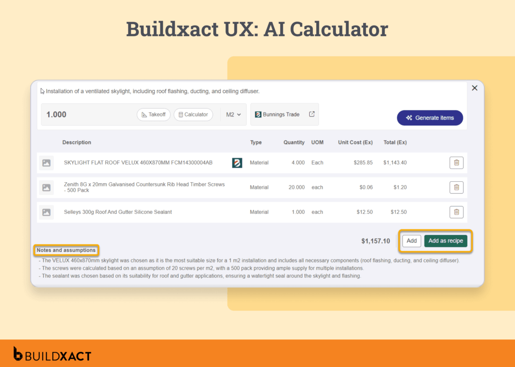 A screenshot showing Buildxact’s AI Calculator