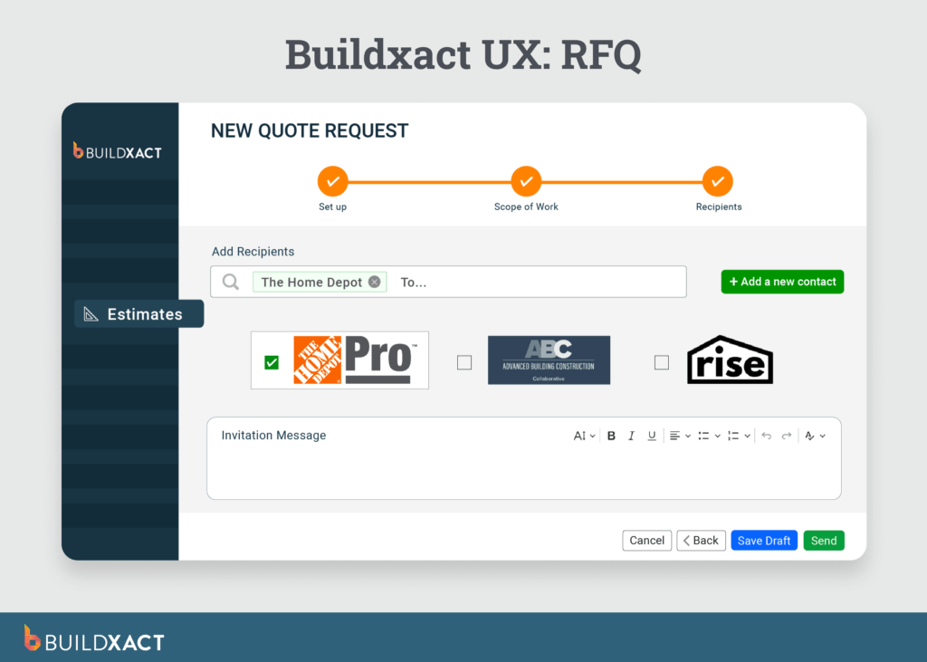 A screenshot showing Buildxact’s RFQ feature