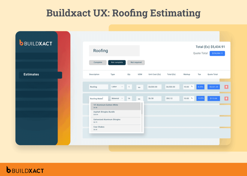 A screenshot showing Buildxact’s roofing estimating tool