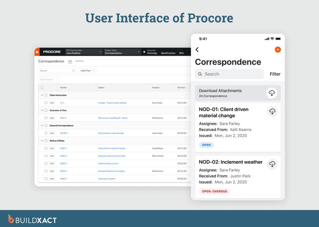Screenshot showing the UI of Procore