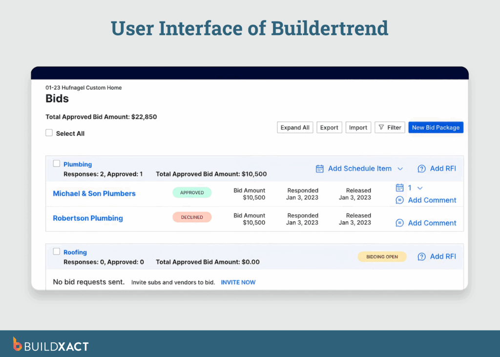 Screenshot showing the UI of Buildertrend