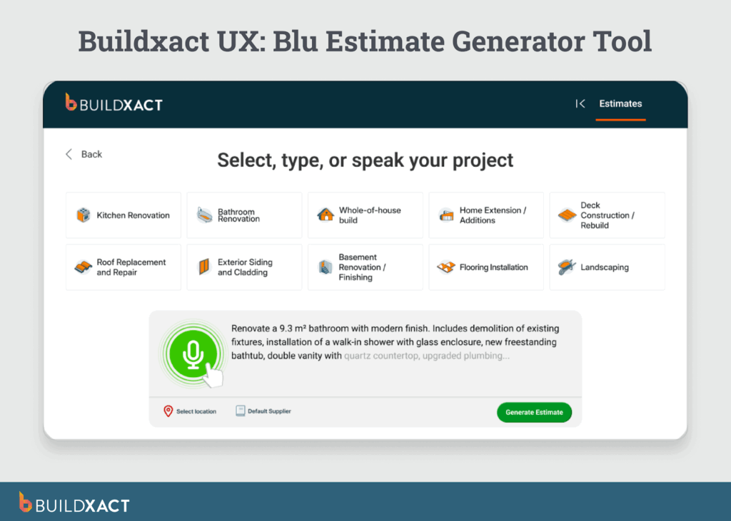 A screenshot showing Buildxact’s Blu Estimate Generator Tool
